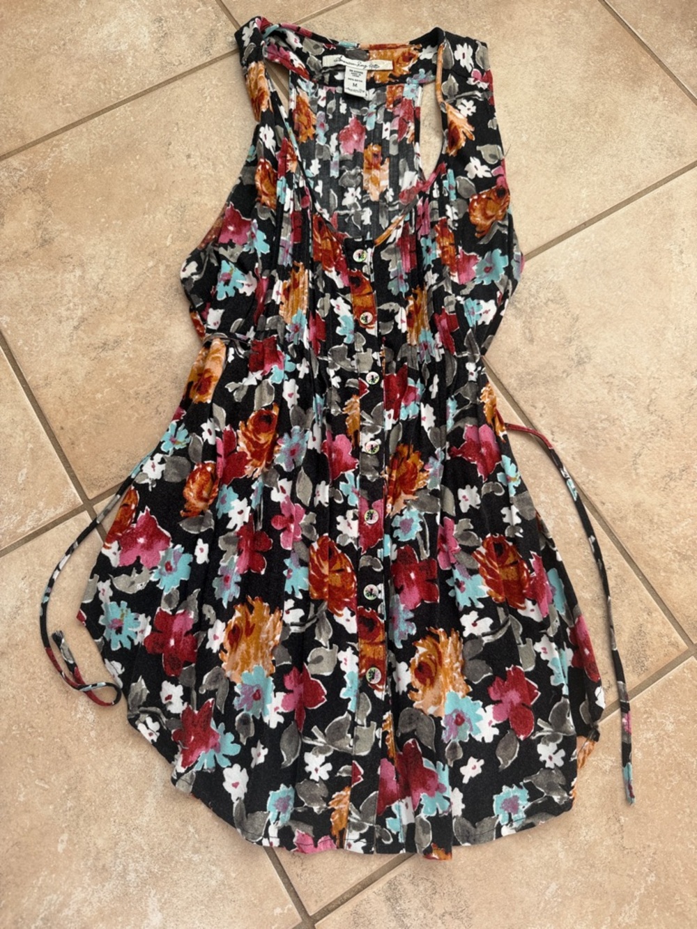 American Rag Black Floral Button-Front Tank